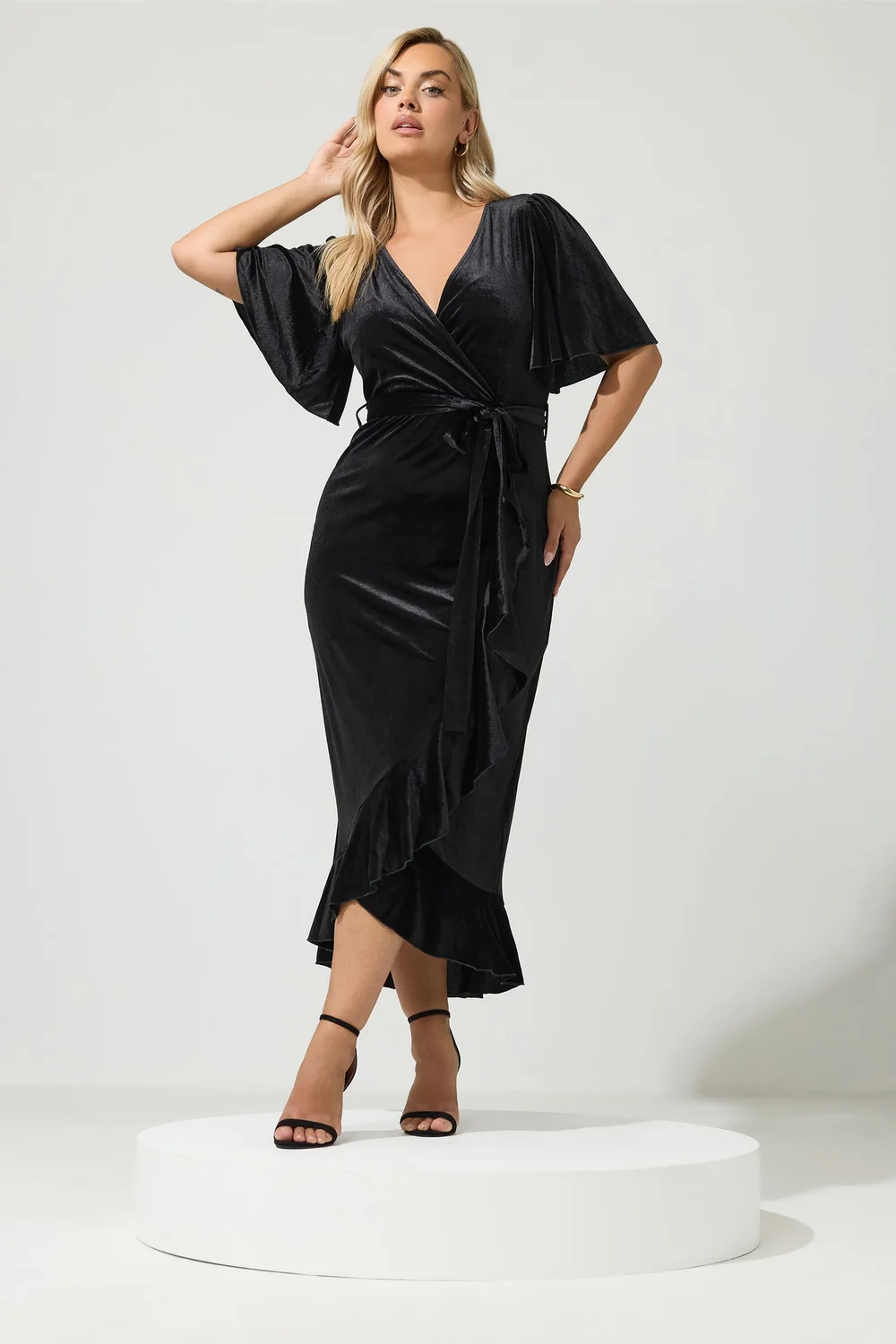 Yours London Curve Black Velvet Wrap Dress - 30-32 Image 1