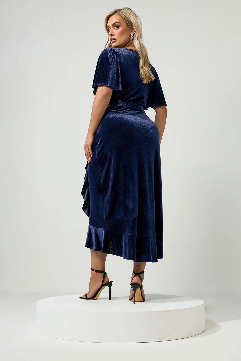 Yours London Curve Navy Blue Velvet Wrap Front Dress - 30-32 Image 3