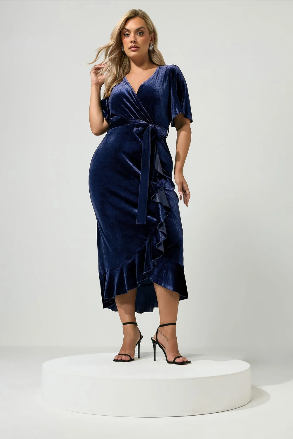 Yours London Curve Navy Blue Velvet Wrap Front Dress - 30-32 Image 2
