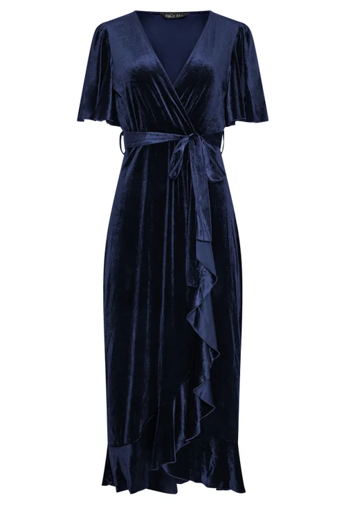 Yours London Curve Navy Blue Velvet Wrap Front Dress - 30-32 Image 5