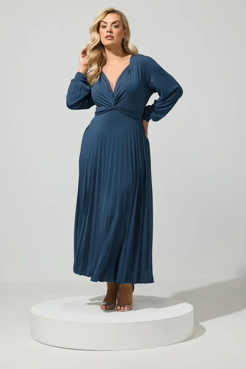 Yours London Curve Navy Blue Pleated Knot Front Maxi Dress - 26-28 Image 1