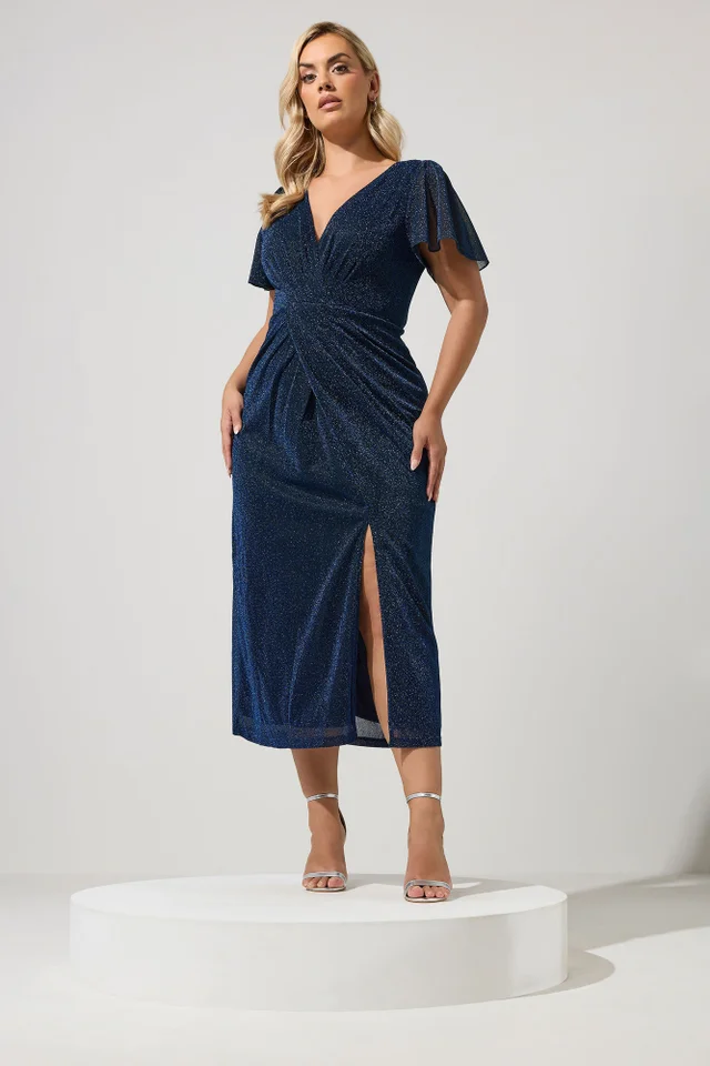 Yours London Curve Blue Metallic Wrap Dress