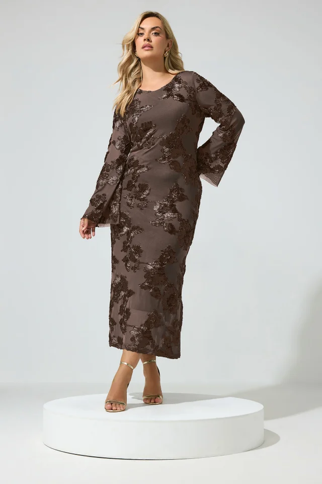 Yours London Curve Chocolate Brown Floral Applique Maxi Dress