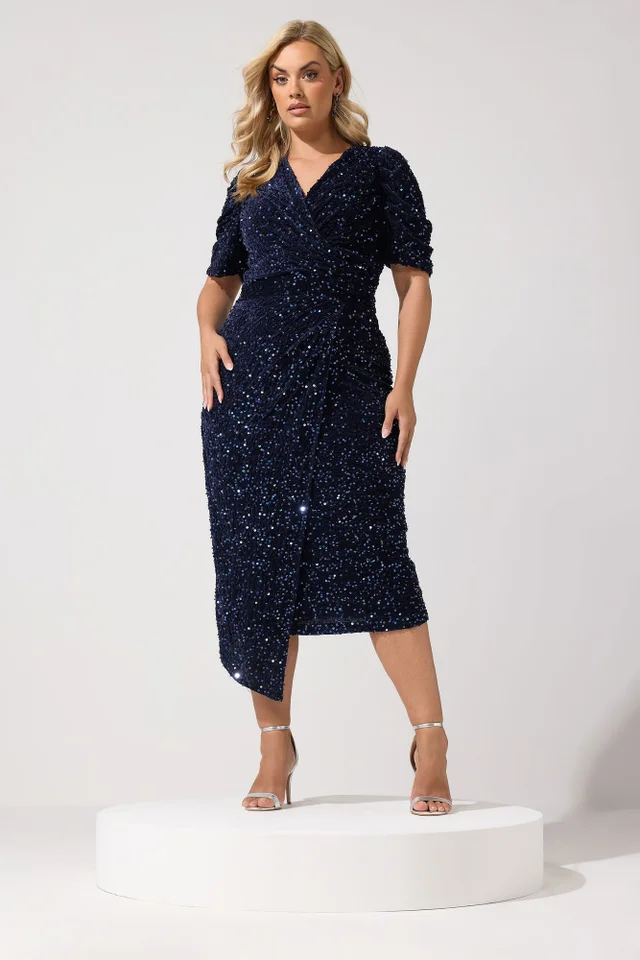 Yours London Curve Blue Sequin Velvet Wrap Maxi Dress