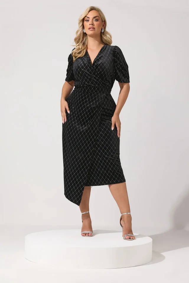 Yours London Curve Black Velvet Glitter Wrap Dress