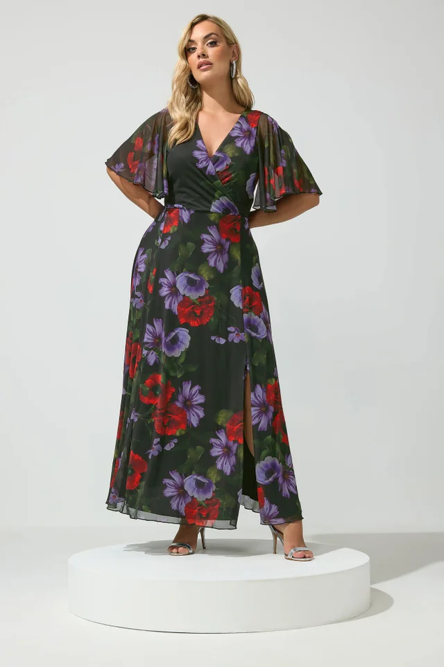 Yours London Curve Black Floral Wrap Maxi Dress