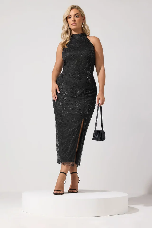 Yours London Curve Black Celestial Sequin Choker Dress