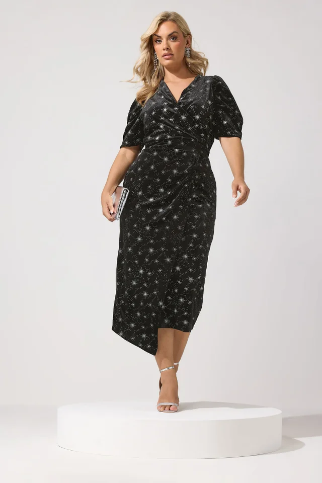 Yours London Curve Black Star Glitter Velvet Wrap Maxi Dress