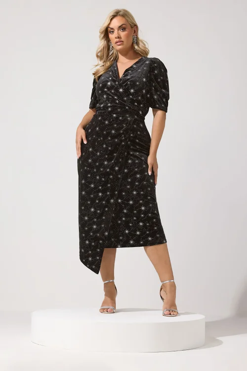 Yours London Curve Black Star Glitter Velvet Wrap Maxi Dress - 14 Image 1