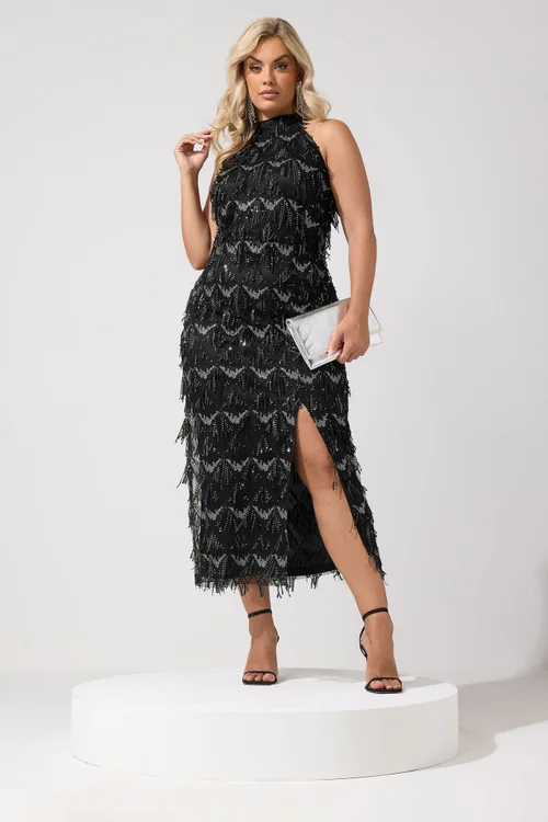 Yours London Curve Black & Silver Tassle Sequin Choker Dress - 18 Image 2