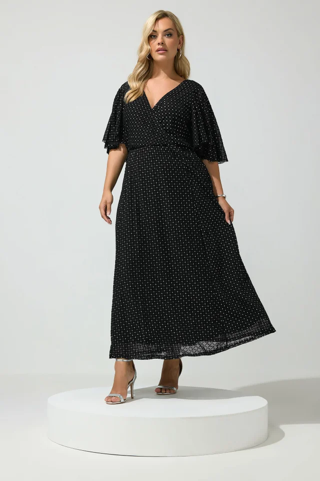 Yours London Curve Black Glitter Wrap Mesh Dress