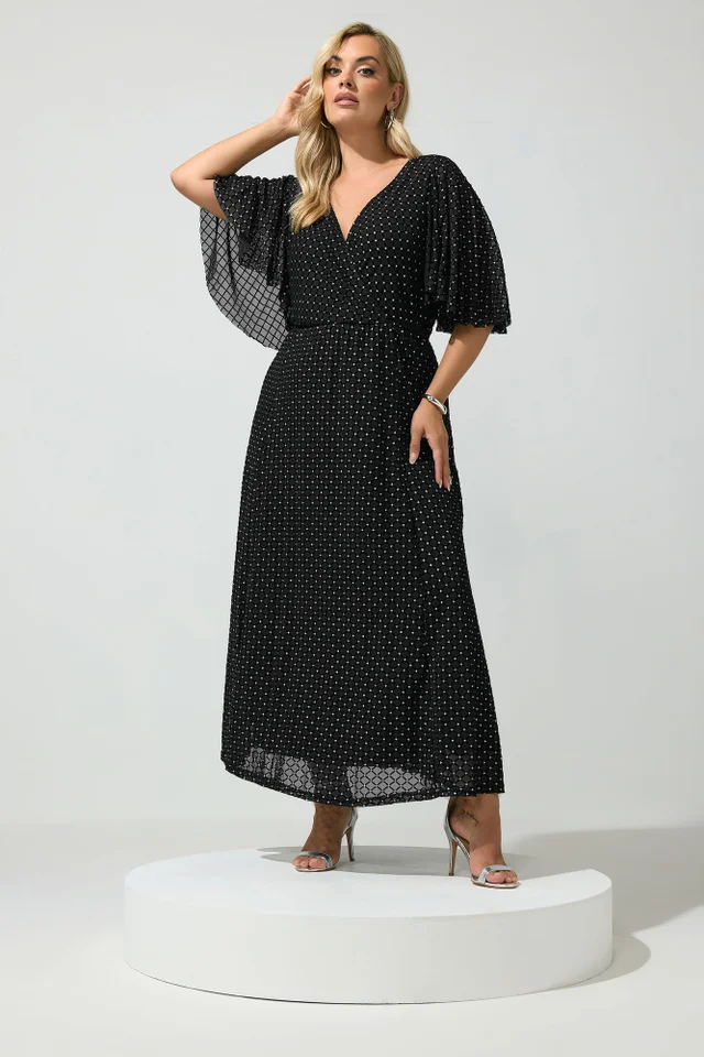 Yours London Curve Black Glitter Wrap Mesh Dress