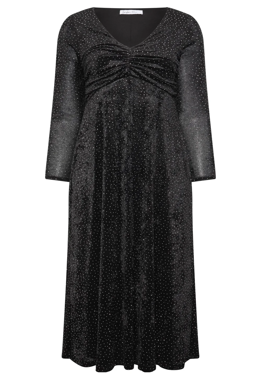 Yours London Curve Black Velvet Studded Gathered Dress - 20 Image 5