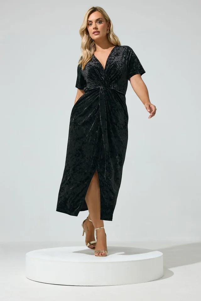 Yours London Curve Black Crushed Velvet Knot Dress