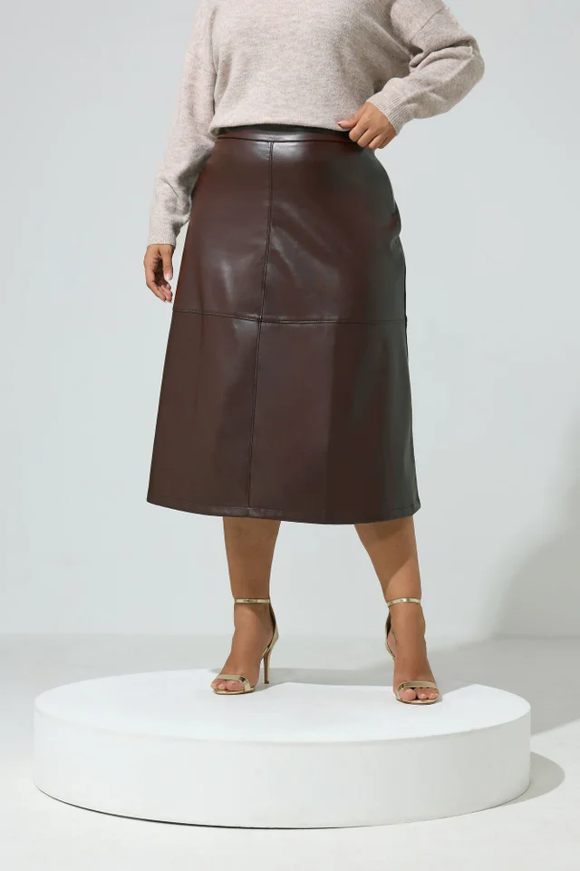 Yours London Curve Chocolate Brown Faux Leather Skirt