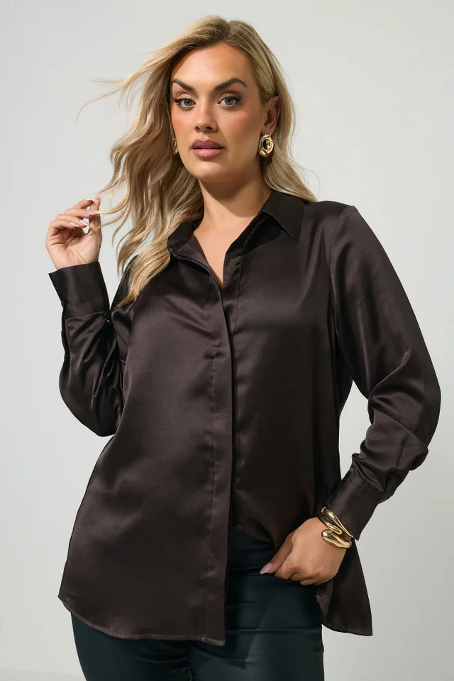 Yours London Curve Chocolate Brown Satin Shirt