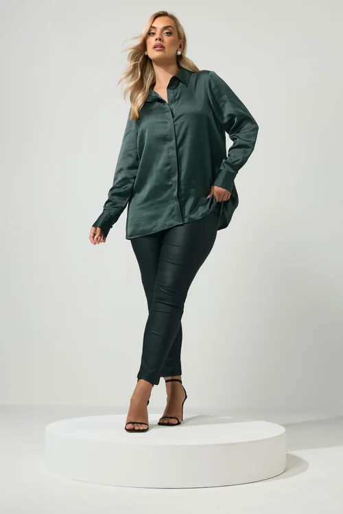 Yours London Curve Green Satin Open Collar Shirt - 24 Image 3