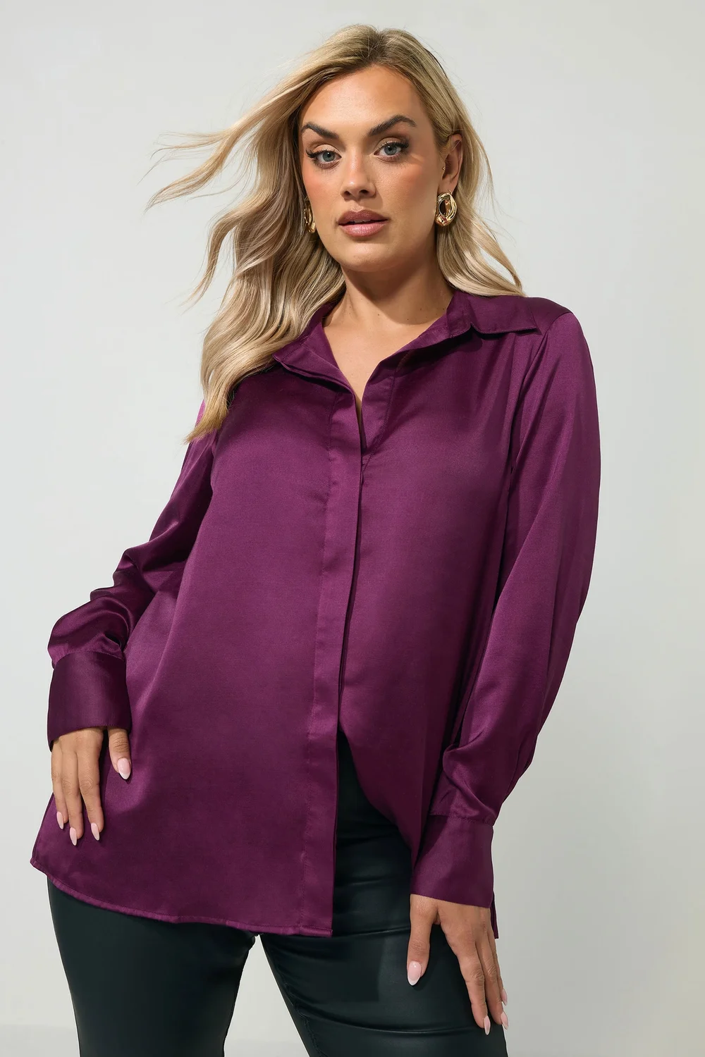 Yours London Curve Purple Satin Shirt - 30-32 Image 1