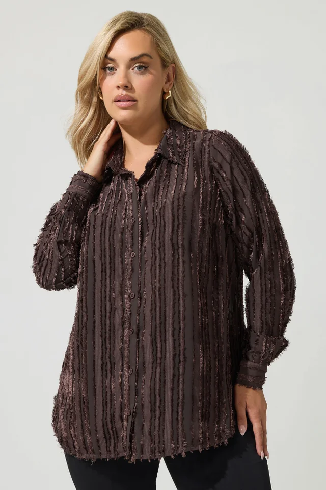 Yours London Curve Chocolate Brown Textured Stripe Shirt