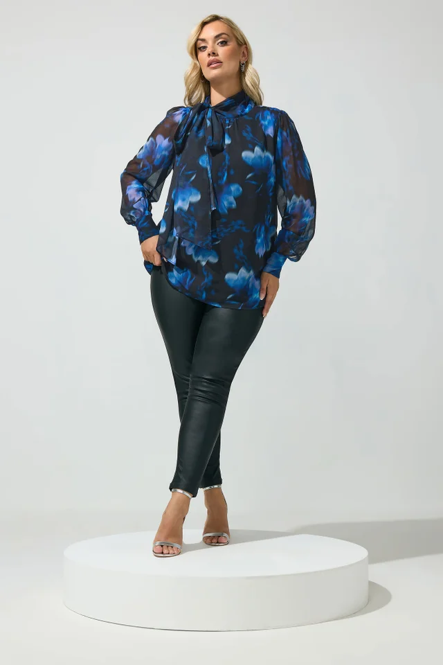Yours London Curve Blue Blurred Floral Bow Blouse