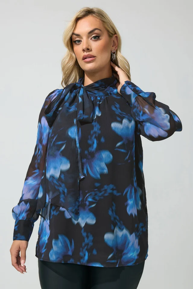 Yours London Curve Blue Blurred Floral Bow Blouse