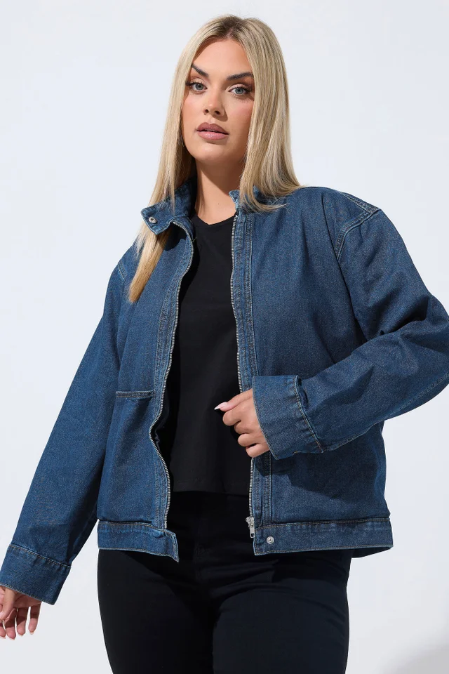 Yours Limited Curve Indigo Blue Funnel Neck Denim Jacket