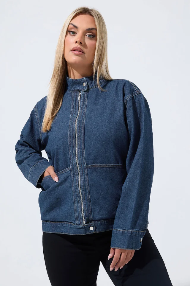 Yours Limited Curve Indigo Blue Funnel Neck Denim Jacket