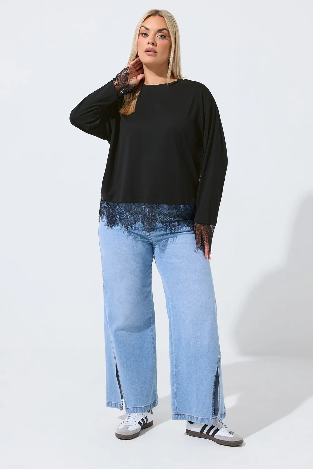 Yours Limited Curve Black Long Sleeve Lace Hem Top - 18 Image 2