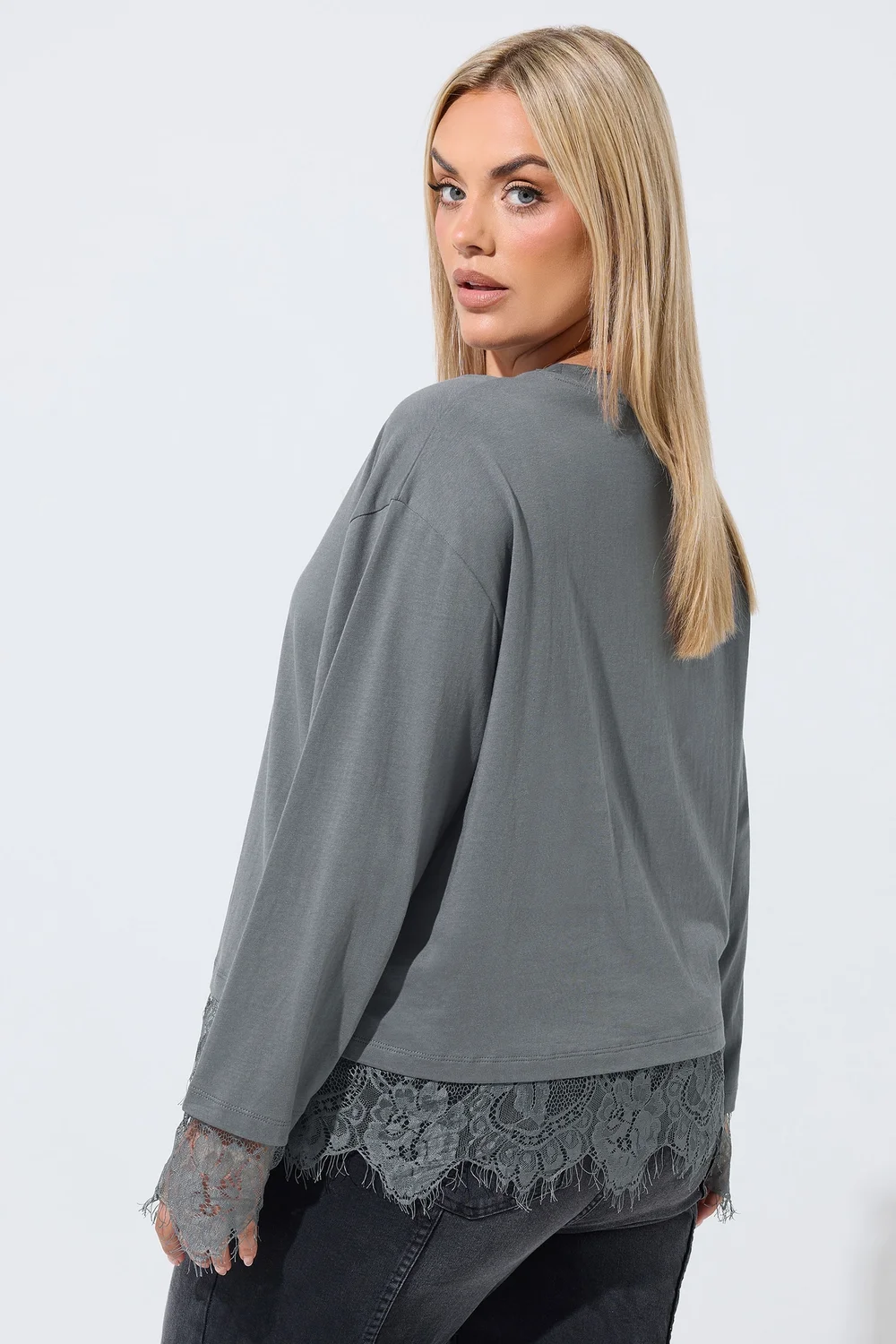 Yours Limited Curve Grey Lace Hem Long Sleeve Top - 10 Image 3
