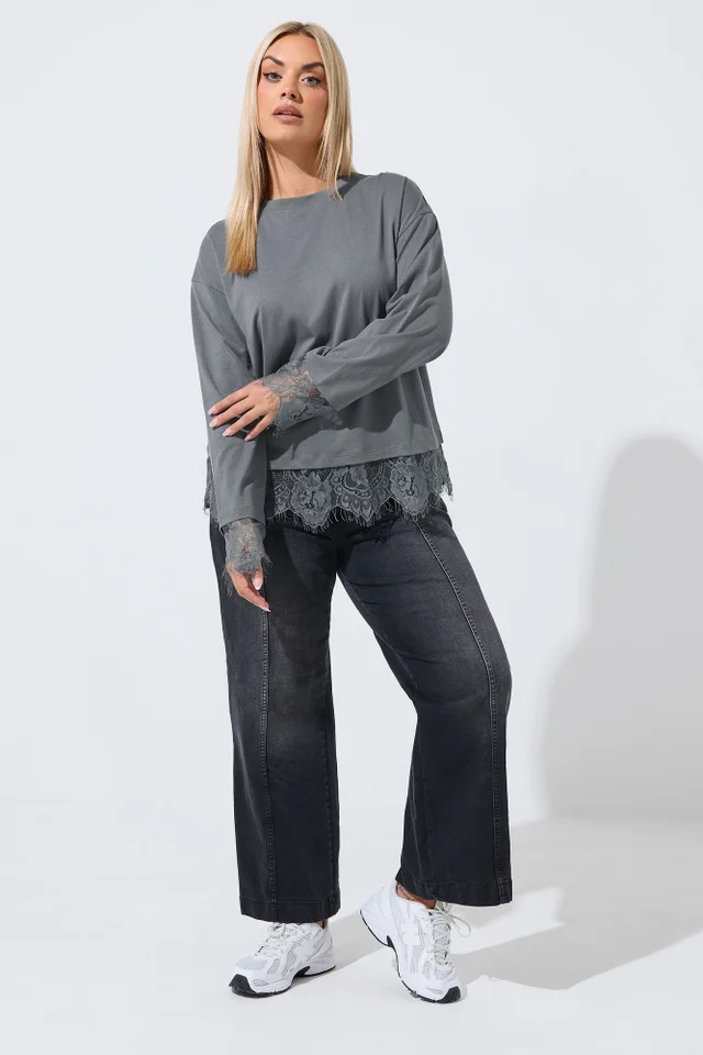Yours Limited Curve Grey Lace Hem Long Sleeve Top