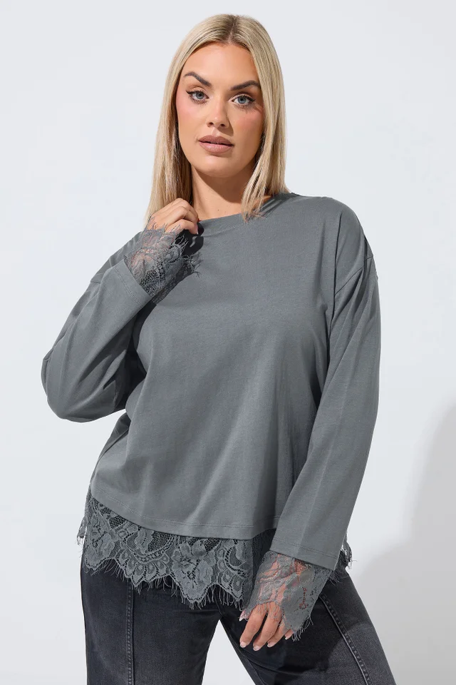 Yours Limited Curve Grey Lace Hem Long Sleeve Top