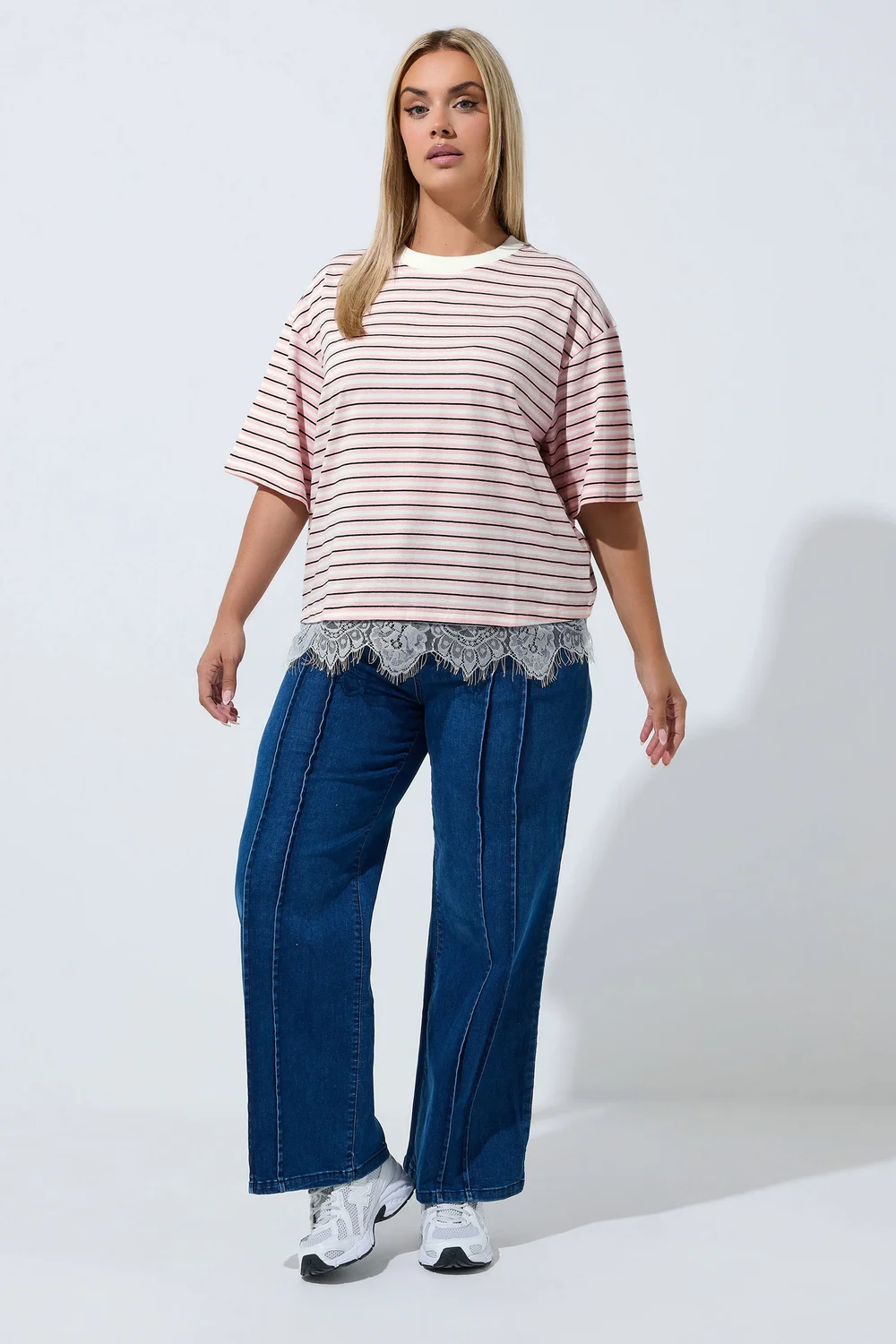 Yours Limited Curve Pink Stripe Lace Hem T-Shirt - 16 Image 2