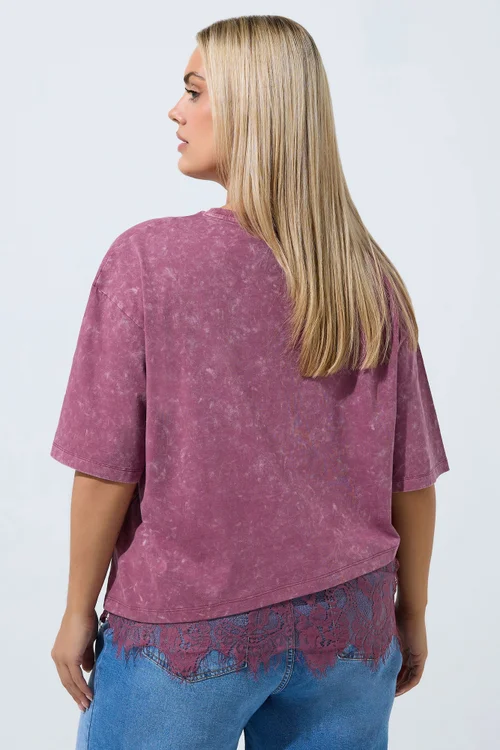 Yours Limited Collection Curve Burgundy Red Acid Wash Lace T-Shirt - 10 Image 3