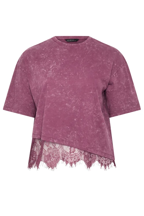 Yours Limited Collection Curve Burgundy Red Acid Wash Lace T-Shirt - 10 Image 5