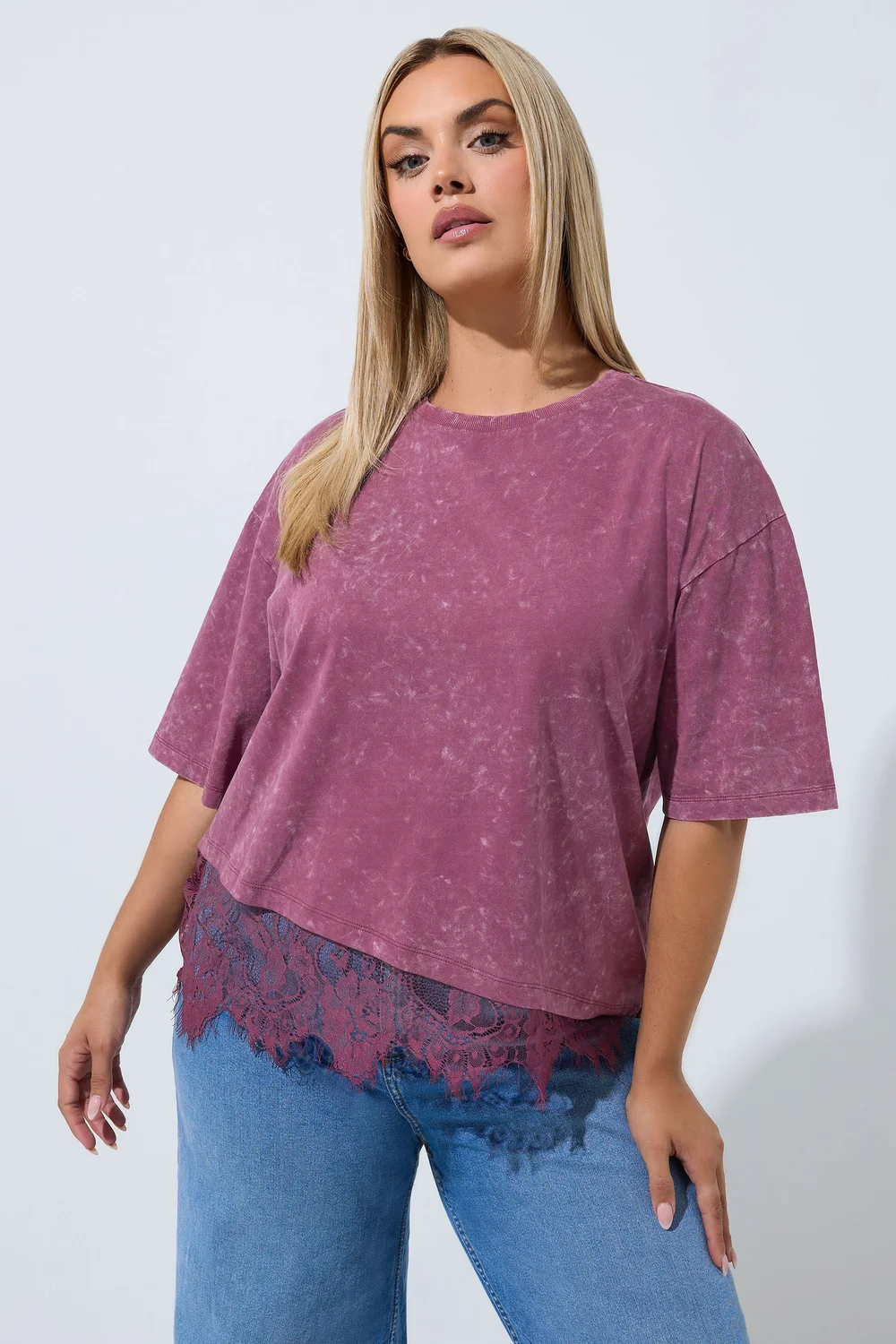 Yours Limited Collection Curve Burgundy Red Acid Wash Lace T-Shirt - 10 Image 1