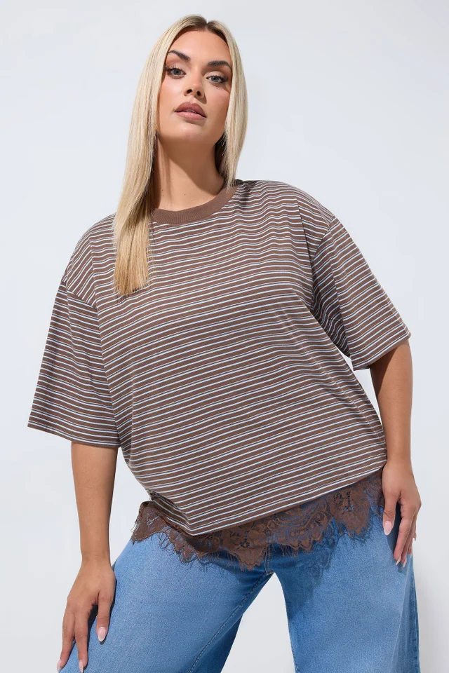 Yours Limited Collection Curve Chocolate Brown Stripe Lace Hem T-Shirt
