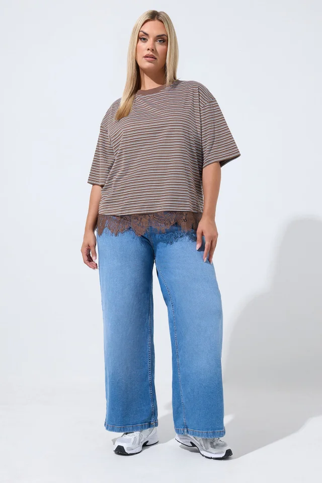 Yours Limited Collection Curve Chocolate Brown Stripe Lace Hem T-Shirt