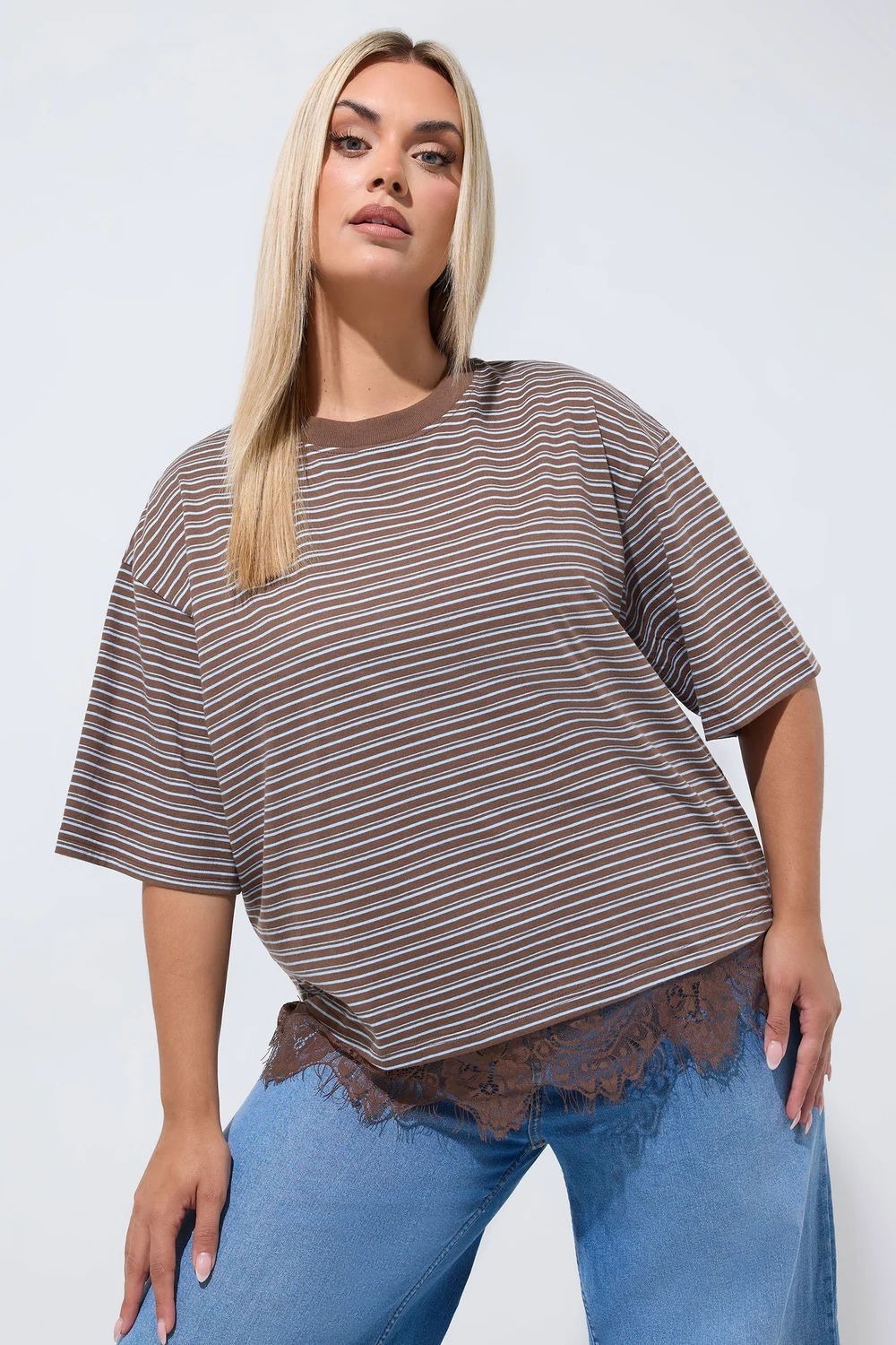 Yours Limited Collection Curve Chocolate Brown Stripe Lace Hem T-Shirt - 12 Image 1