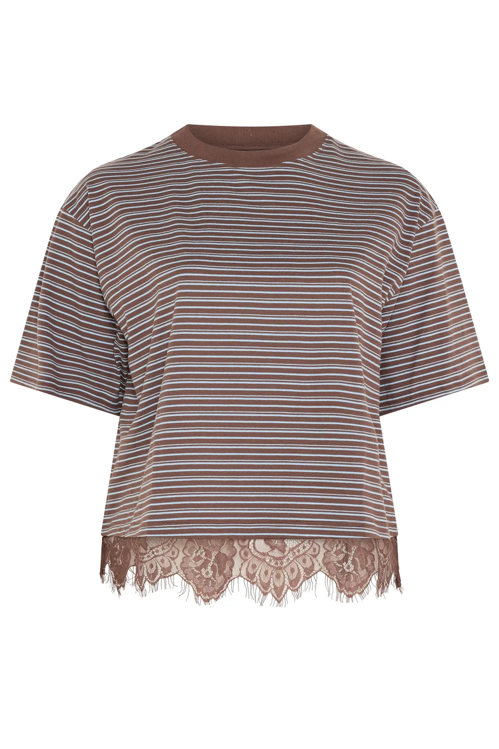 Yours Limited Collection Curve Chocolate Brown Stripe Lace Hem T-Shirt - 12 Image 5