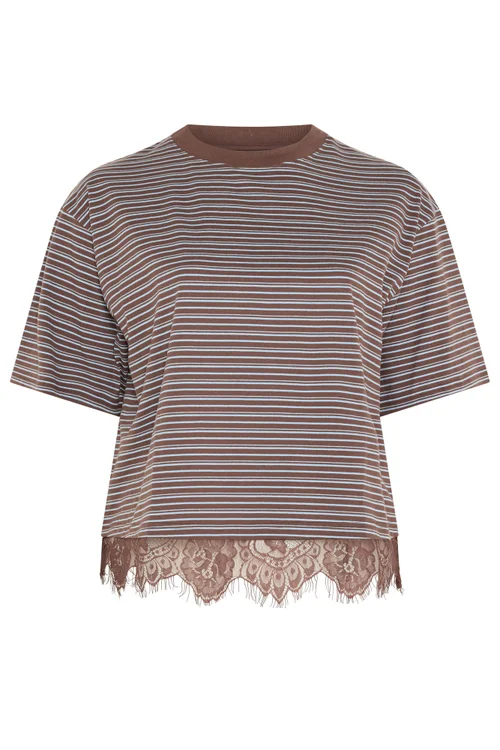 Yours Limited Collection Curve Chocolate Brown Stripe Lace Hem T-Shirt - 12 Image 5