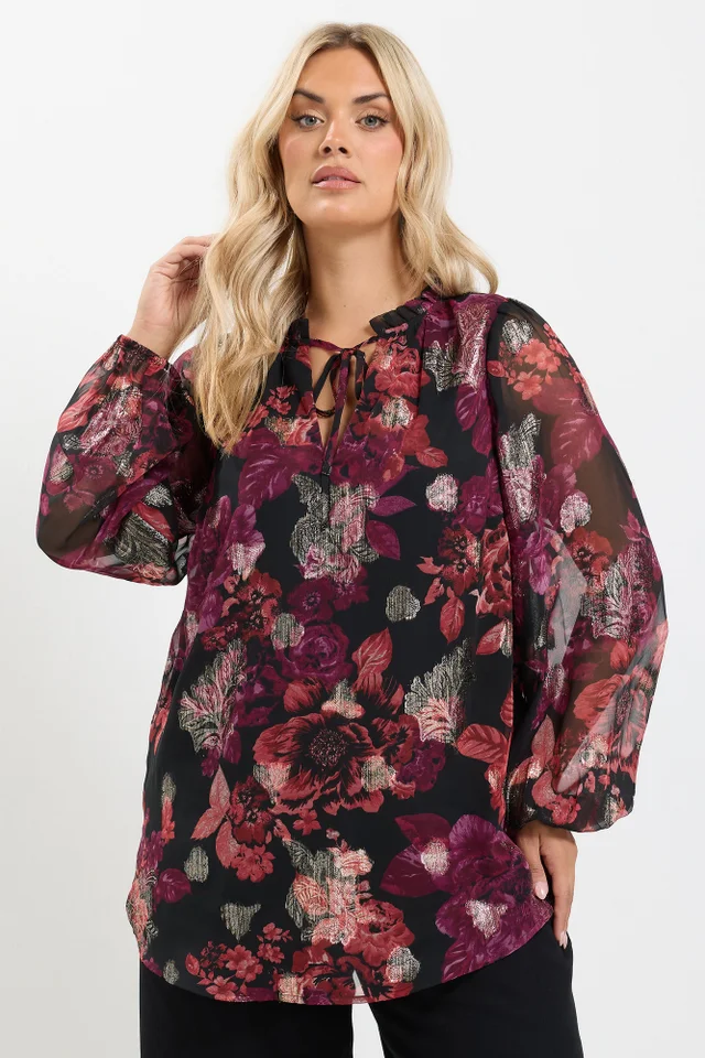Yours Curve Black Floral Frill Neck Blouse