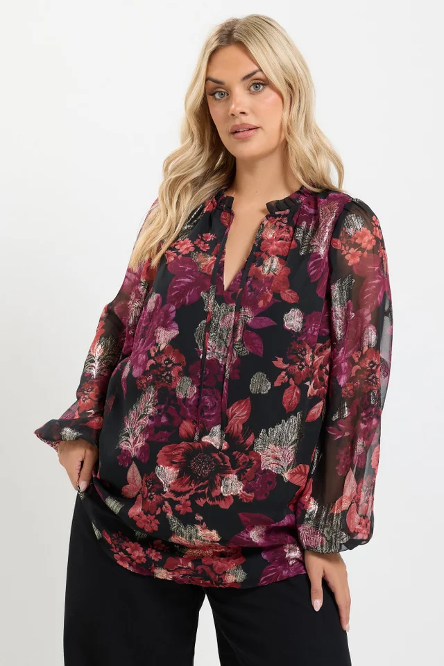 Yours Curve Black Floral Frill Neck Blouse