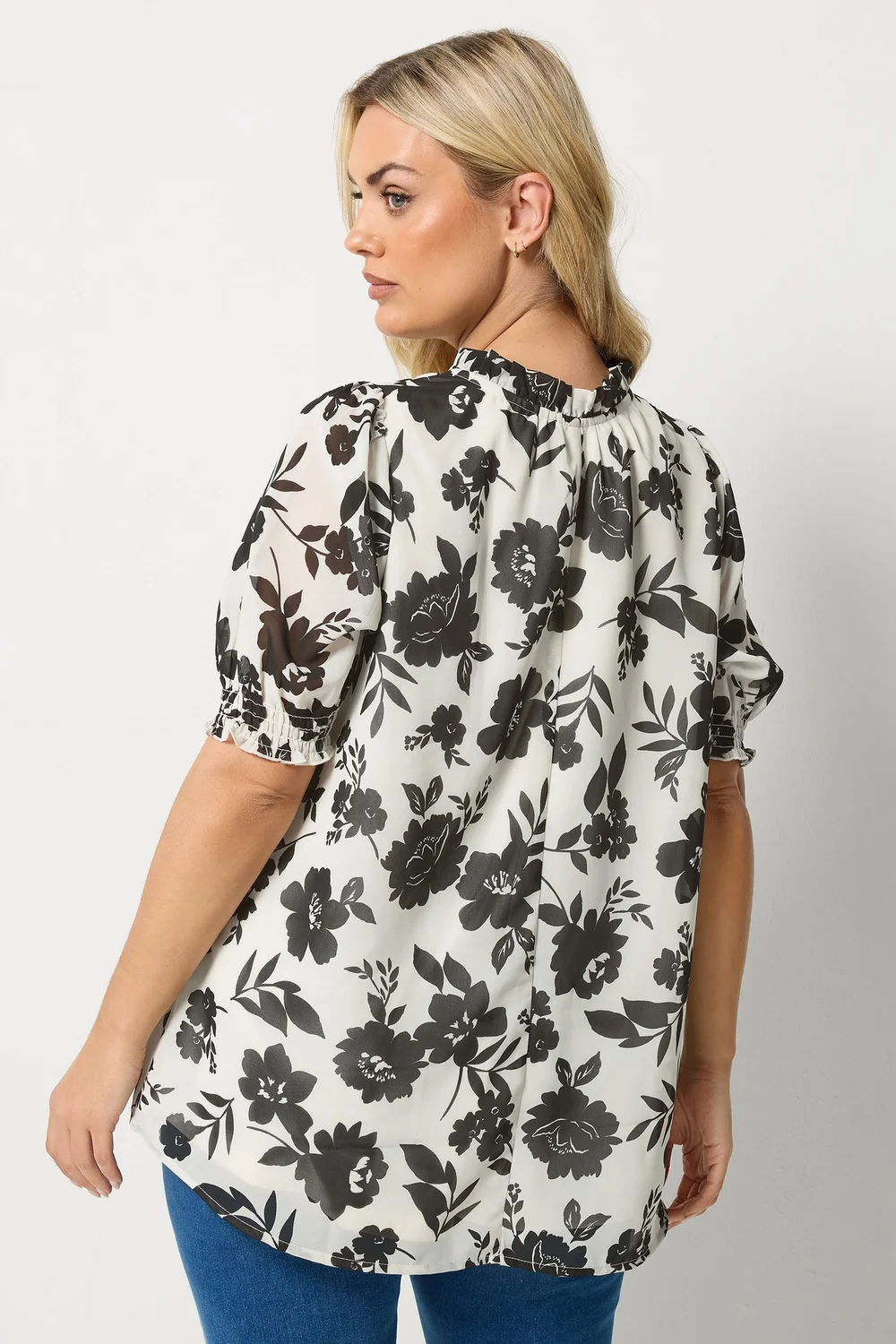 Yours Curve White & Black Floral Frill Neck Blouse - 26-28 Image 4
