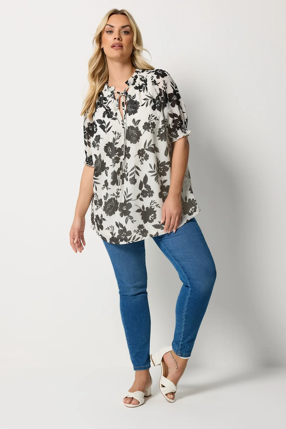 Yours Curve White & Black Floral Frill Neck Blouse - 26-28 Image 3