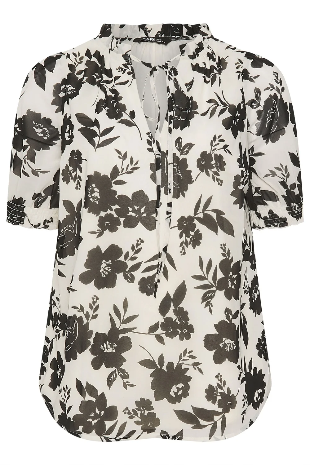 Yours Curve White & Black Floral Frill Neck Blouse - 26-28 Image 2