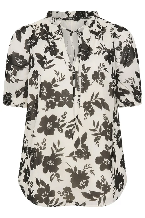 Yours Curve White & Black Floral Frill Neck Blouse - 26-28 Image 2
