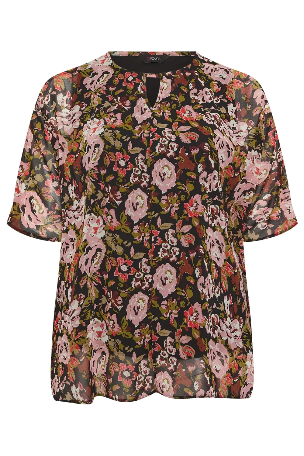 Yours Curve Black Floral Print Keyhole Detail Top - 26-28 Image 2