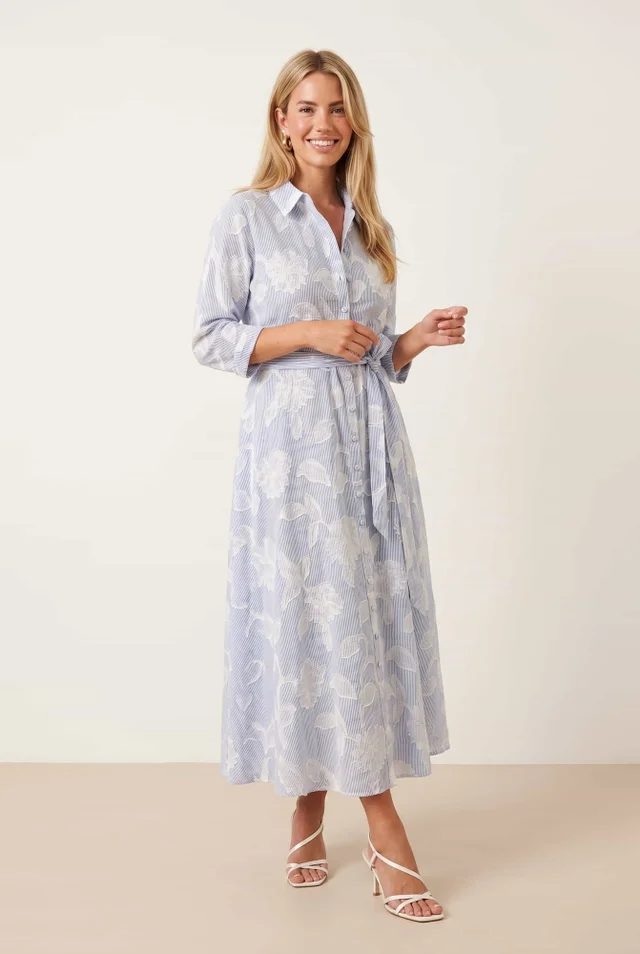 Style Cheat Blue Burnout Shirt Dress 3/4 Sleeve Maxi
