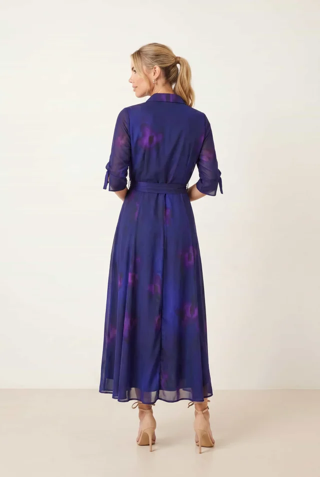 Style Cheat Blue Daphne Dress Abstract Print Midi With Gold Buckle Belt