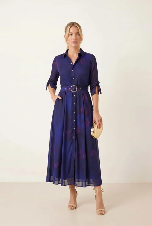 Style Cheat Blue Daphne Dress Abstract Print Midi With Gold Buckle Belt - 16 Image 1
